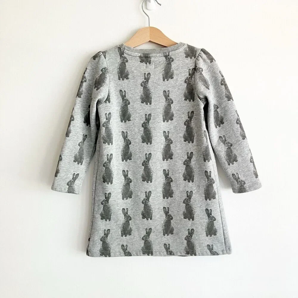 babyGap Outlet Rabbit Print Dress Girls Sz 4 Gray Long Sleeve Bunny A Line